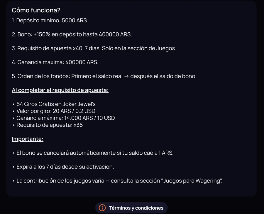 Cómo funciona el bono de CuatroBet: x40 en 7 días, ganancia máxima 400.000 ARS y 54 giros en Joker Jewels con requisito x35