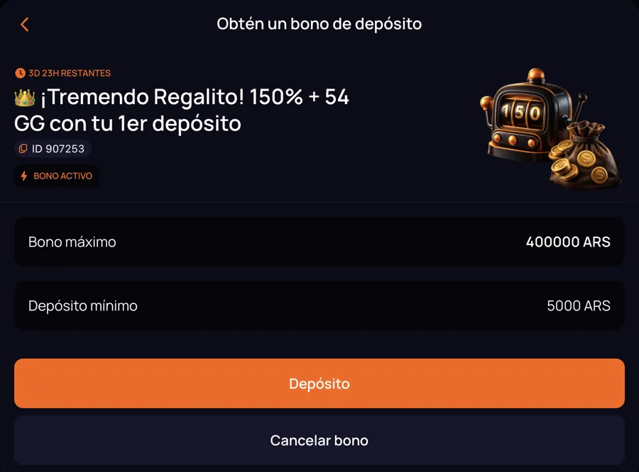 Bono de depósito de CuatroBet: 150% + 54 giros, bono máximo 400.000 ARS y depósito mínimo 5.000 ARS