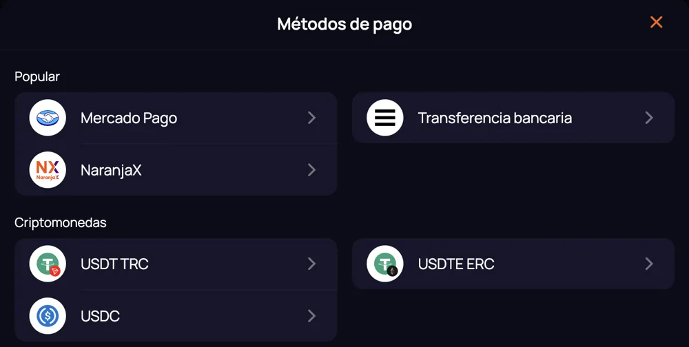 Métodos de pago de CuatroBet: Mercado Pago, transferencia bancaria, NaranjaX, USDT TRC, USDT ERC y USDC