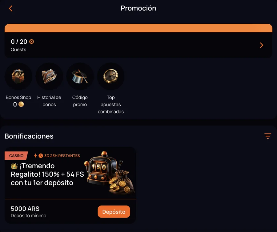 Sección Promoción de CuatroBet: Quests 0/20, Bonos Shop, Historial, Código promo y el bono de casino 150% + 54 FS con depósito mínimo de 5.000 ARS