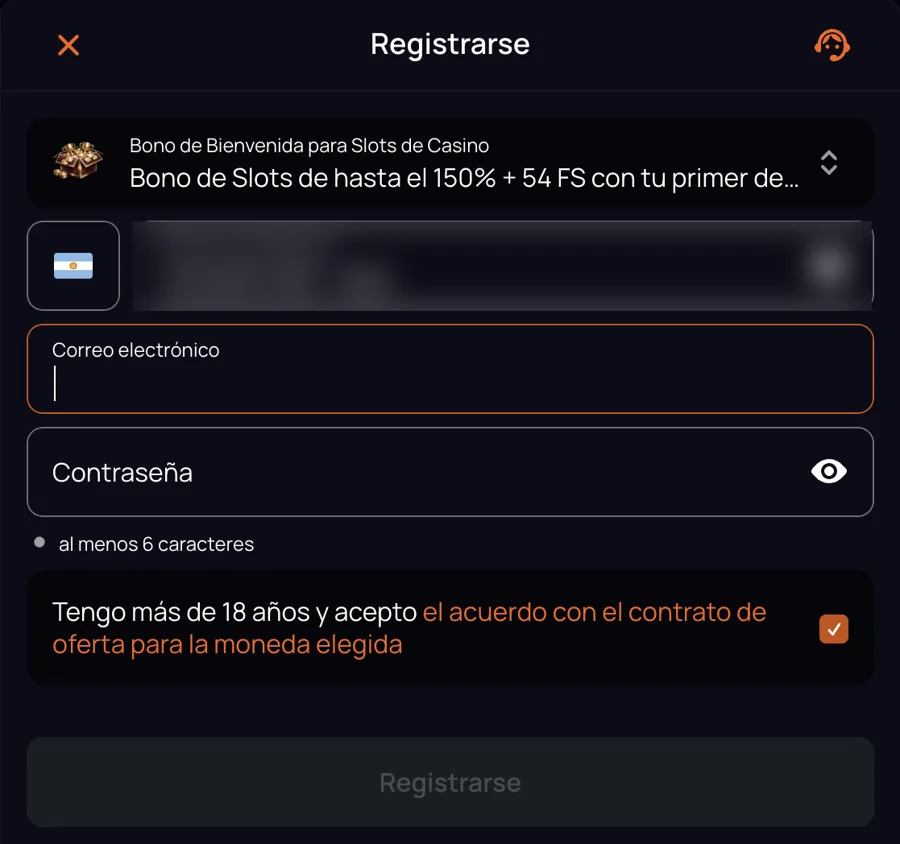 Formulario de registro de CuatroBet: bono de bienvenida para slots, teléfono +54, correo, contraseña y casilla de mayor de 18 años